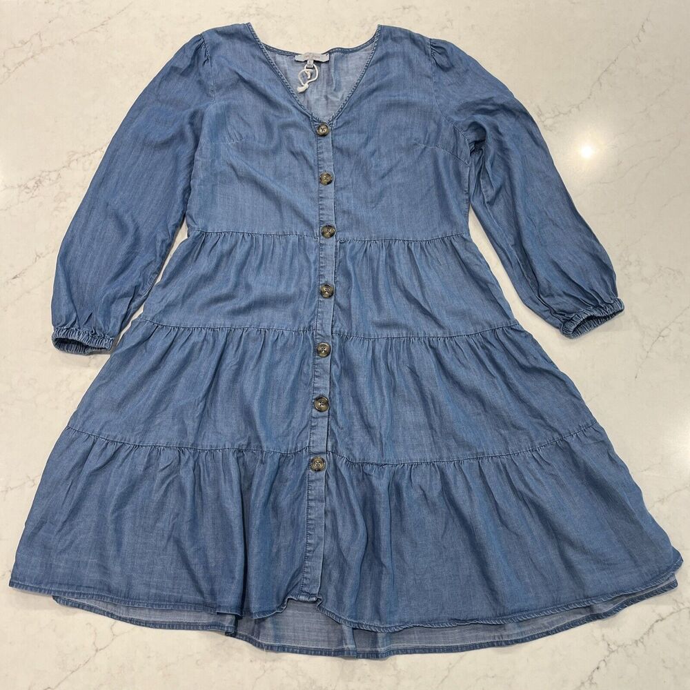 Casa Cabana Dress Womens Sz L Blue Long Sleeve Boho Peasant Tiered Chambray NWOT